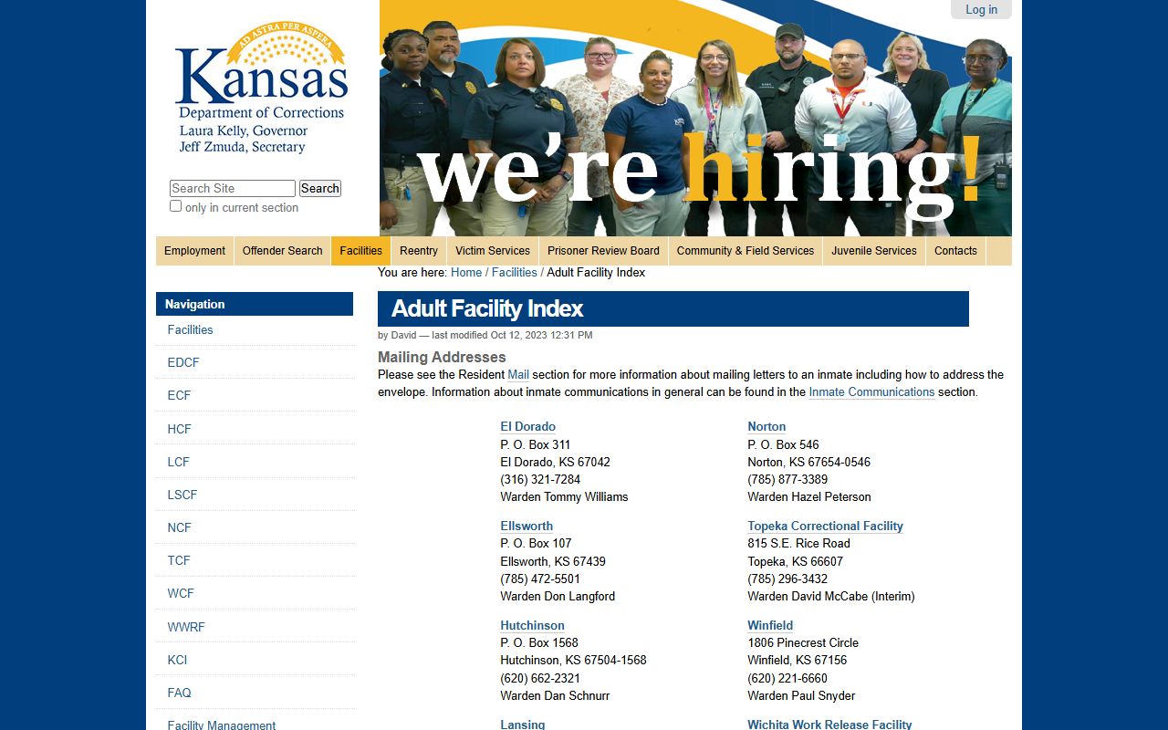 KDOC facility list showing no state prison in Linn County for inmate lookup