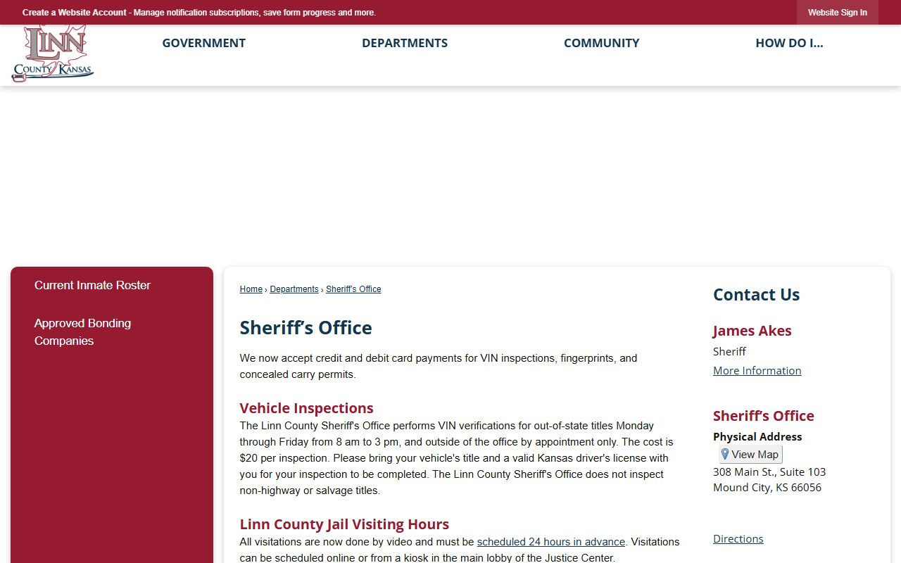 Linn County Sheriff's Office page for jail and inmate population contacts